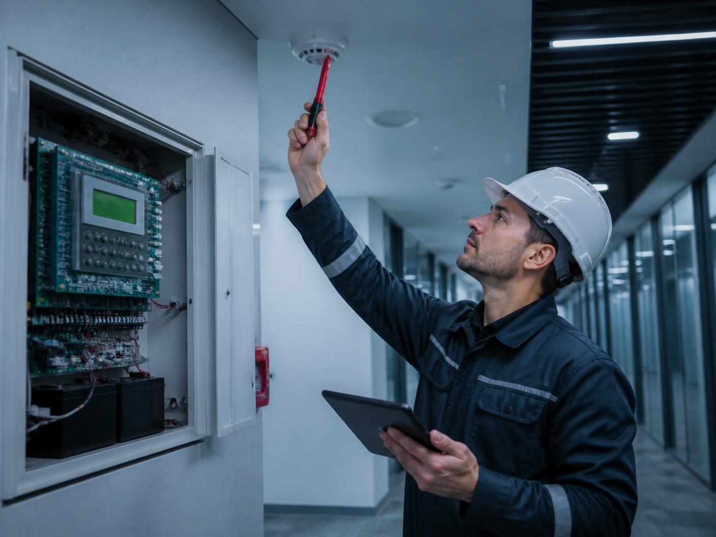 Engineer testing a smoke detector beside a fire alarm control panel