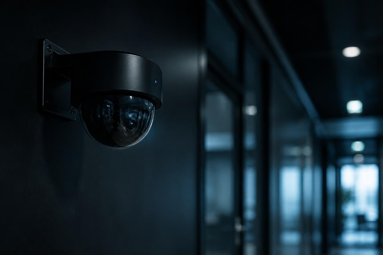 Modern CCTV dome camera mounted on a dark interior wall