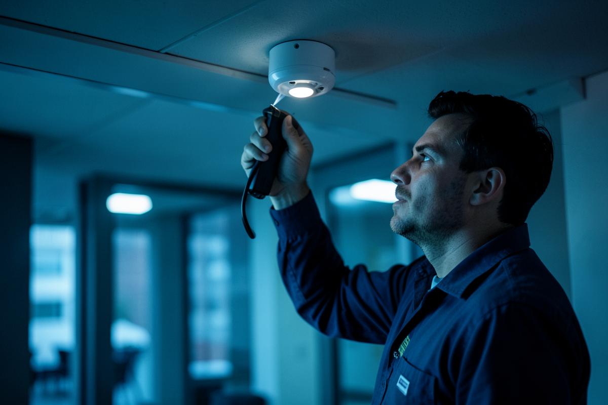 Engineer testing a ceiling smoke detector