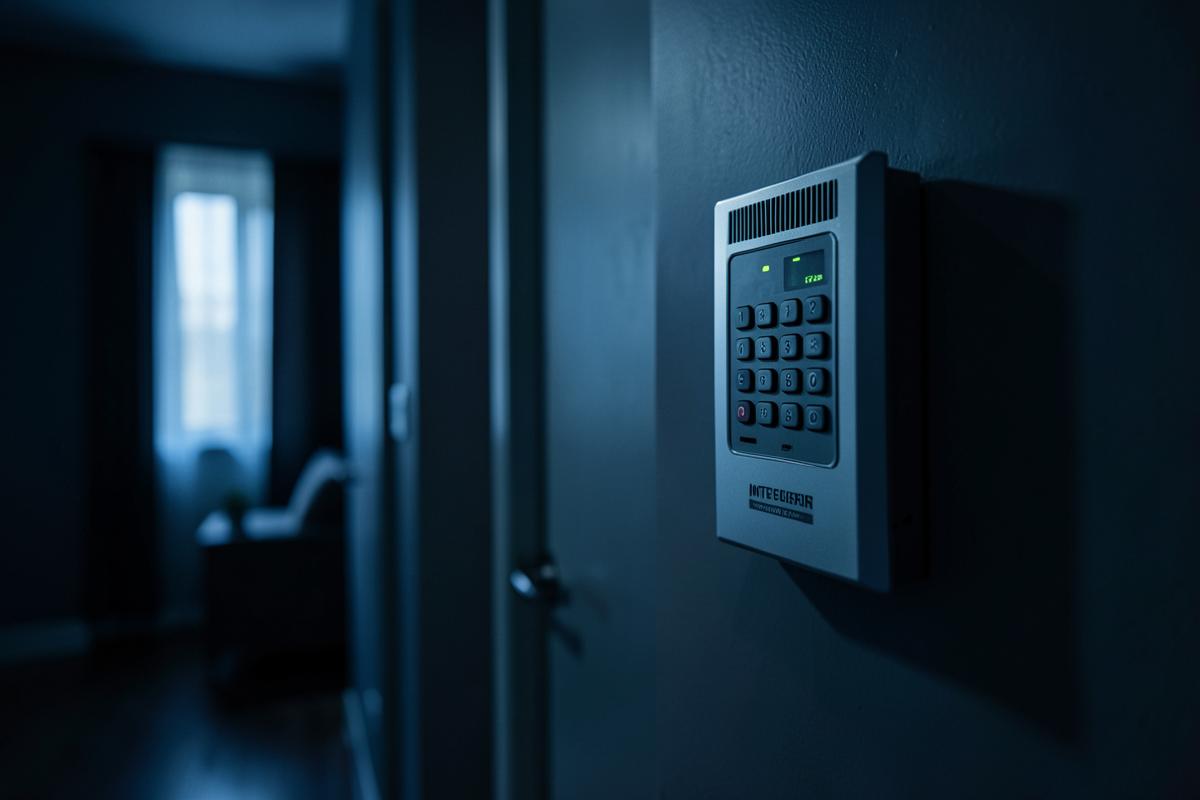 Intruder alarm keypad on a wall